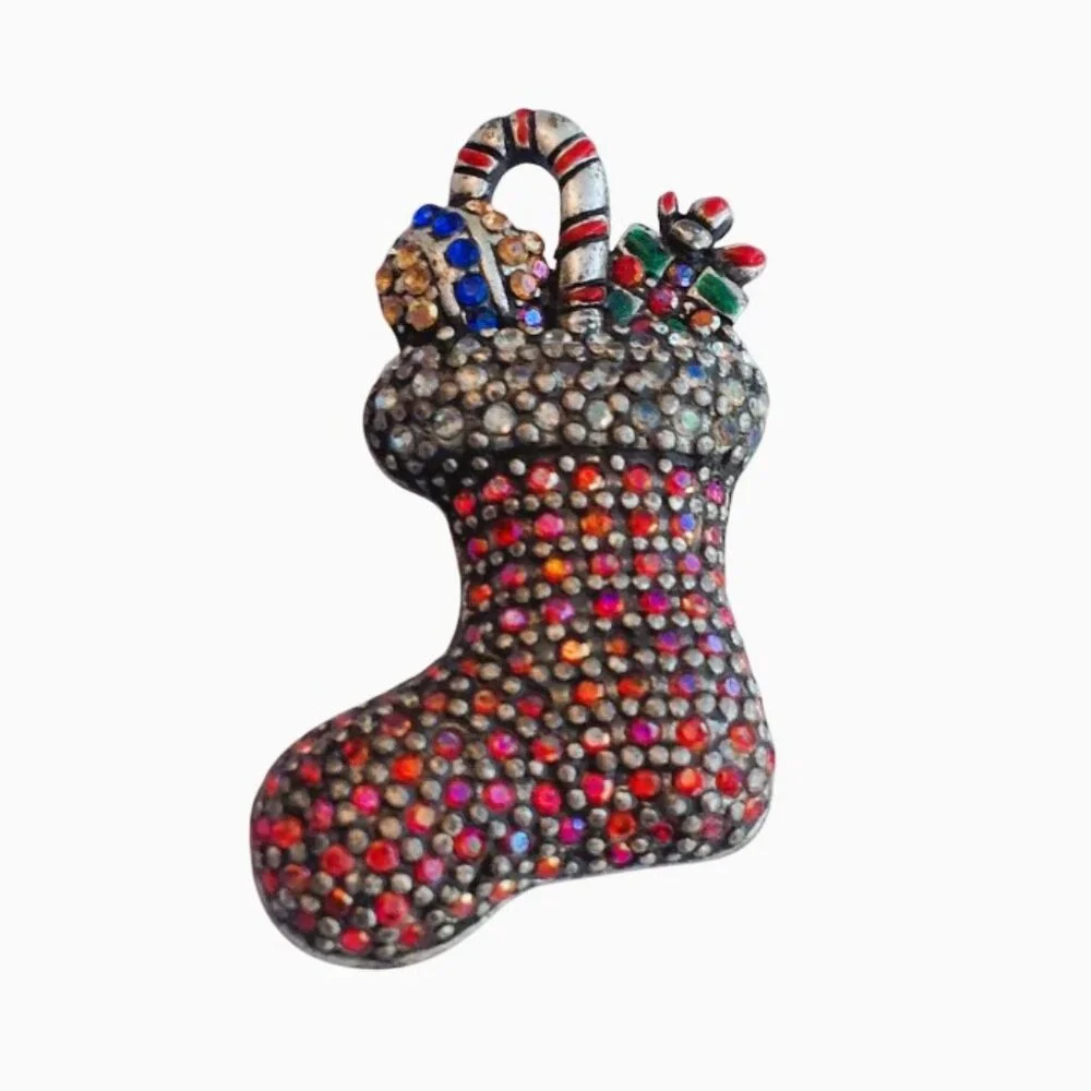 Lia Sophia Pave Crystal CHRISTMAS BROOCH Stocking w Candy + Gifts